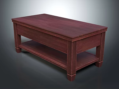 Dark Red Solid Wood Rectangular Coffee Table with Two Shelves and Simple Design 3d model