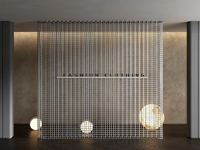 Modern Metal Grid Partition Interior Design With Stone Wall And Round Lighting 3d model