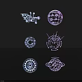 Intricate Abstract Geometric Mechanical Sculpture Carvings With Blue Purple Line Art