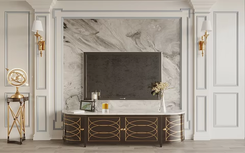 French TV background wall TV cabinet marble background wall TV 3d model