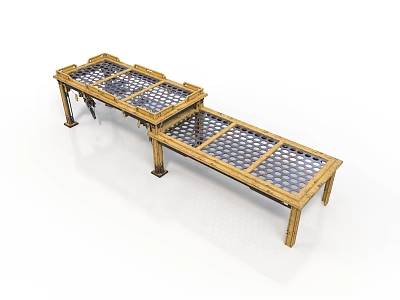 Two Wooden Equipment Tables With Grid Top Surfaces And Sturdy Legs 3d model