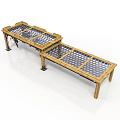 Two Wooden Equipment Tables With Grid Top Surfaces And Sturdy Legs