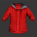 Red Puffer Jacket With Gray Hood And Front Zipper Open