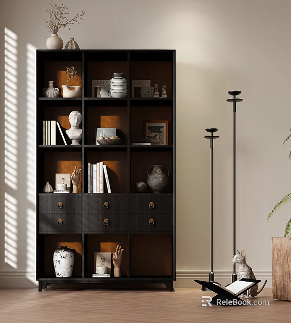 Modern Black Layered Bookcase With Books Sculptures Vases Photo Frames And Drawers 3d model 