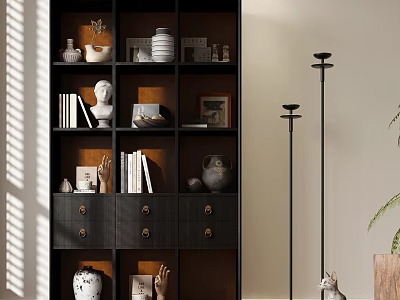 Modern Black Layered Bookcase With Books Sculptures Vases Photo Frames And Drawers 3d model