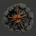 Wooden Tripod and Stone Fire Pit Setup with Hanging Pot and Burning Flames