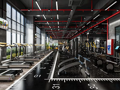 Modern Fitness Gym Featuring Treadmills Dumbbells Large Windows Red Pipes And Black Floor 3d model