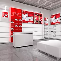 Warrior Brand Retail Store Displaying Shoes On White Shelves And Red Signage