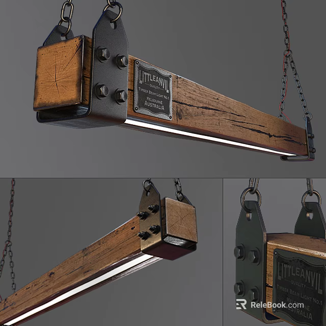 Industrial Style Wooden Chandelier With Metal Chain And LittleMill Label For Home Decoration 3d model 