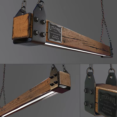 Industrial Style Wooden Chandelier With Metal Chain And LittleMill Label For Home Decoration 3d model