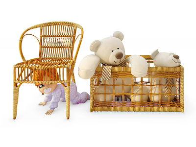 Rattan Single Chair with Teddy Bear Stuffed Toys and Doll in Playful Setting 3d model