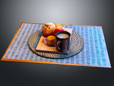 Delicious Breakfast Food With Coffee Bread Pastry On Striped Placemat Tray 3d model