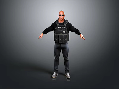 Man in POLICE vest with sunglasses black top and pants arms outstretched on gray background 3d model