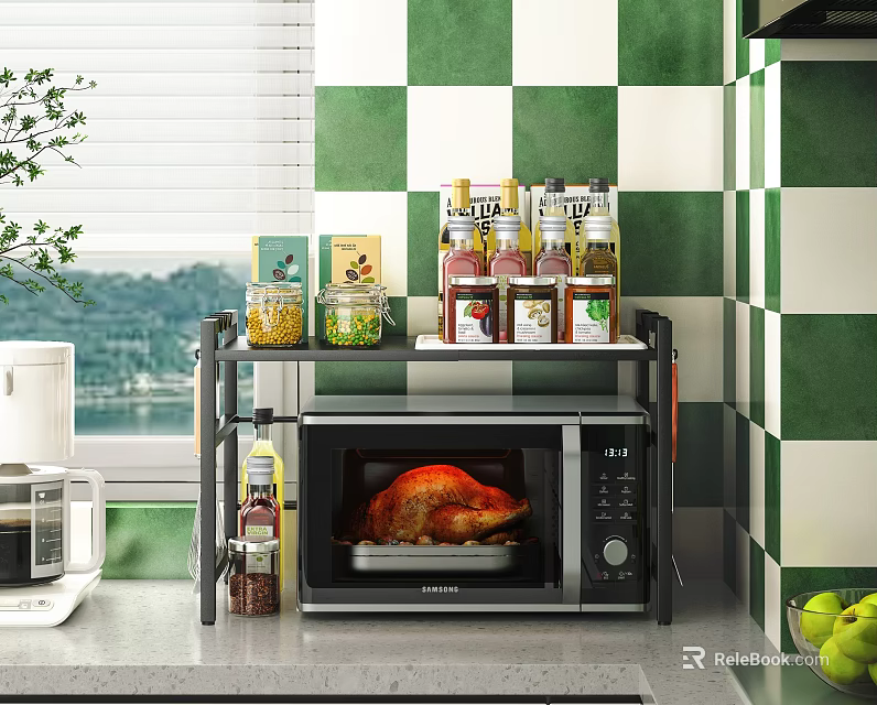 Kitchen Cabinets In Checkered Tiles With Microwave Spices And Greenery 3d model 