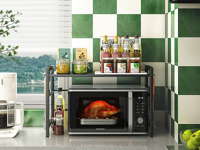 Kitchen Cabinets In Checkered Tiles With Microwave Spices And Greenery 3d model