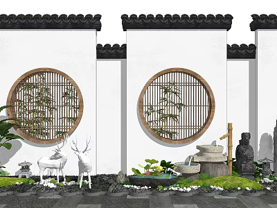 Traditional Chinese Courtyard Garden With Circular Lattice Windows Bamboo Deer Statues And Small Pond 3d model