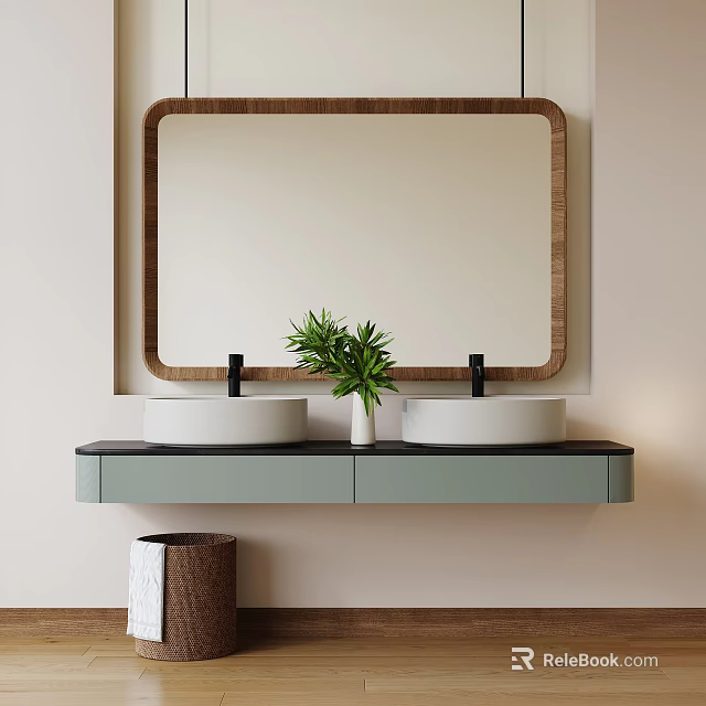 Modern Light Green Bathroom Vanity With Double White Sinks Wooden Frame Mirror And Green Plant 3d model 