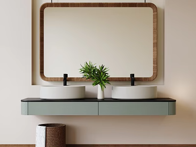 Modern Light Green Bathroom Vanity With Double White Sinks Wooden Frame Mirror And Green Plant 3d model