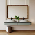 Modern Light Green Bathroom Vanity With Double White Sinks Wooden Frame Mirror And Green Plant