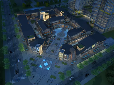 Modern Commercial Street Plaza With Illuminated Lighting And Surrounding Modern Buildings 3d model