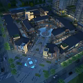 Modern Commercial Street Plaza With Illuminated Lighting And Surrounding Modern Buildings