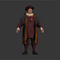 Medieval Style Game Movie Character in Purple Robe with Dark Cloak Golden Necklace and Hat