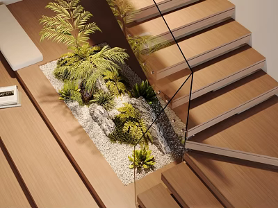 Wooden Stairs With Glass Railing Green Plants And Pebbles Decoration 3d model