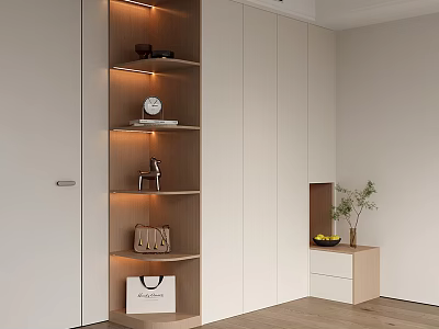 Modern Minimalist Wardrobe Interior with Open Wooden Shelves Decorative Items and Side Cabinet Plant 3d model