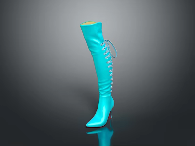 Turquoise Shiny Over the Knee Boots with Lace Up Design and Red High Heel 3d model