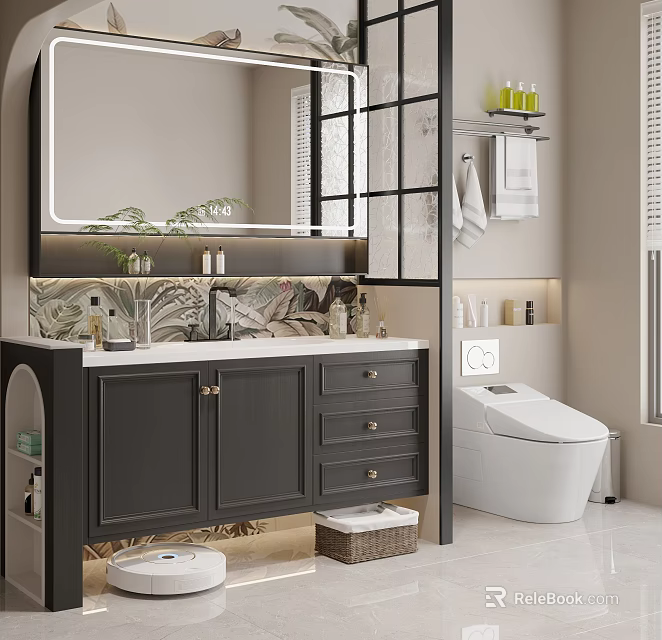 Modern Dark Gray Bathroom Vanity Cabinet With Double Sinks Mirror Toilet And Toiletries On Shelves 3d model 