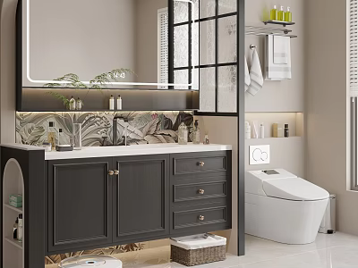 Modern Dark Gray Bathroom Vanity Cabinet With Double Sinks Mirror Toilet And Toiletries On Shelves 3d model