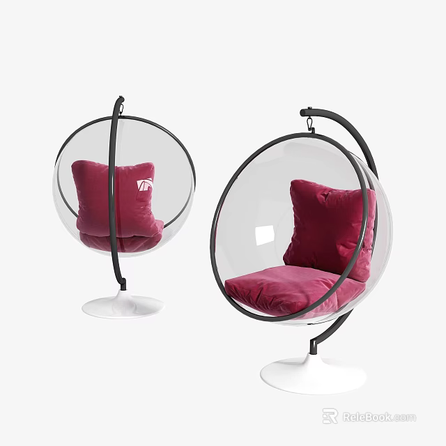 Transparent Spherical Hanging Chair With Red Cushion And White Base Design 3d model 