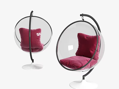 Transparent Spherical Hanging Chair With Red Cushion And White Base Design 3d model