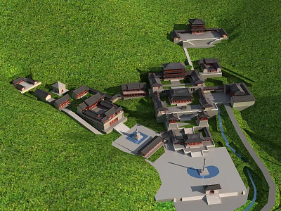 Ancient Architecture Complex Aerial View With Green Landscape And Traditional Courtyards 3d model
