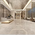 Luxurious Modern Hotel Lobby With Decorative Ceiling Reception Desk And Green Plants
