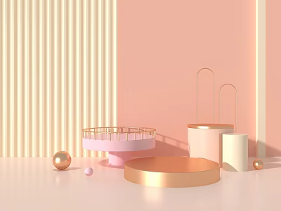 Pink And Beige Display Stage With Circular Cylindrical Platforms And Gold Sphere Decorations 3d model