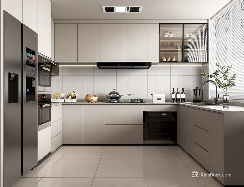 Modern Kitchen Interior Design With Stainless Steel Refrigerator Cabinets Appliances And Tile Floor 3d model 