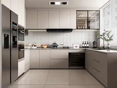 Modern Kitchen Interior Design With Stainless Steel Refrigerator Cabinets Appliances And Tile Floor 3d model