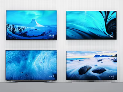 Four Televisions Showcasing Scenic Natural Views Of Mountain Ocean Wave And Beach 3d model