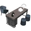 Modern Desk With Gray Upholstered Chair Black Horse Ornament Notebook White Lamp And Round Stools
