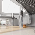 Modern Reception Area Design With Wooden Desk Silver Pillars And Curved Walls