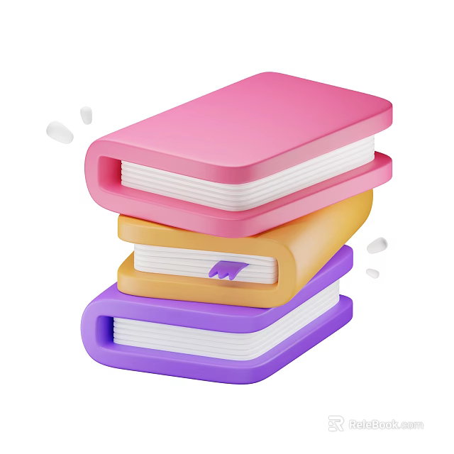Colorful Stacked Books With Pink Yellow And Purple Covers On White Background 3d model 