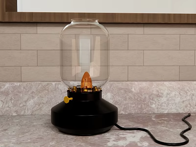 Table Lamp With Glass Shade Black Base Yellow Knob And Orange Bulb On Marble Countertop 3d model