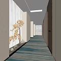 Modern Hotel Corridor Interior With Blue Green Striped Carpet Decorative Plants And Recessed Lighting