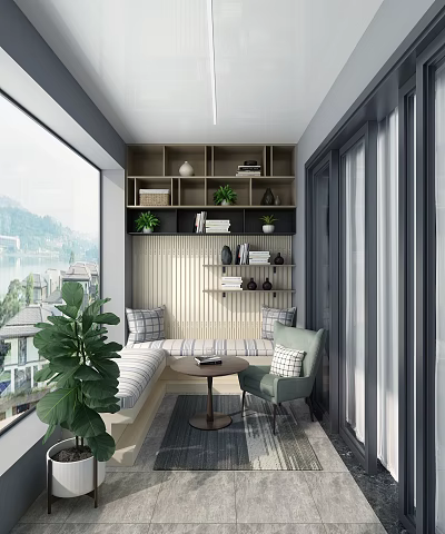 Cozy Home Balcony Design With Comfortable Seating Green Plants And Decorative Shelves 3d model