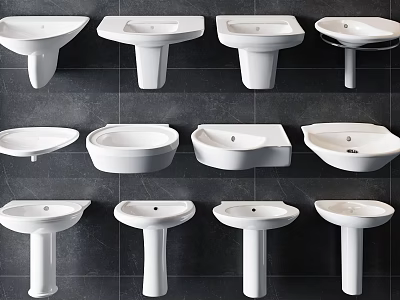 Various Styles of White Bathroom Washbasins with Pedestal and Countertop Designs 3d model