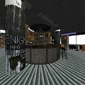 Modern Café Interior With Round Bar Counter Wooden Shelves Whisky Gin Bottles And Striped Carpet