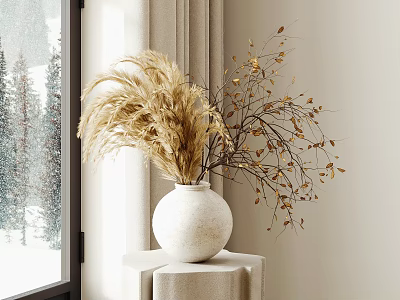 White Ceramic Vase With Pampas Grass And Golden Leaf Branches By Snowy Window 3d model