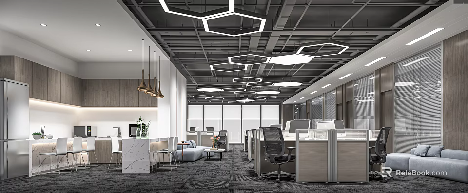 Modern Public Office Interior With Open Workstations Ergonomic Chairs And Hexagonal Ceiling Lights 3d model 