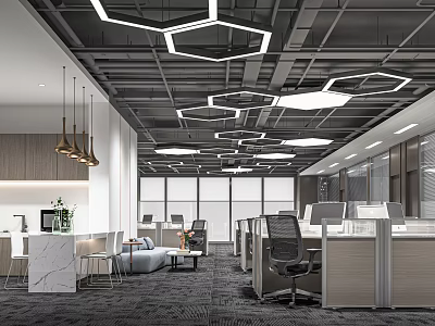 Modern Public Office Interior With Open Workstations Ergonomic Chairs And Hexagonal Ceiling Lights 3d model